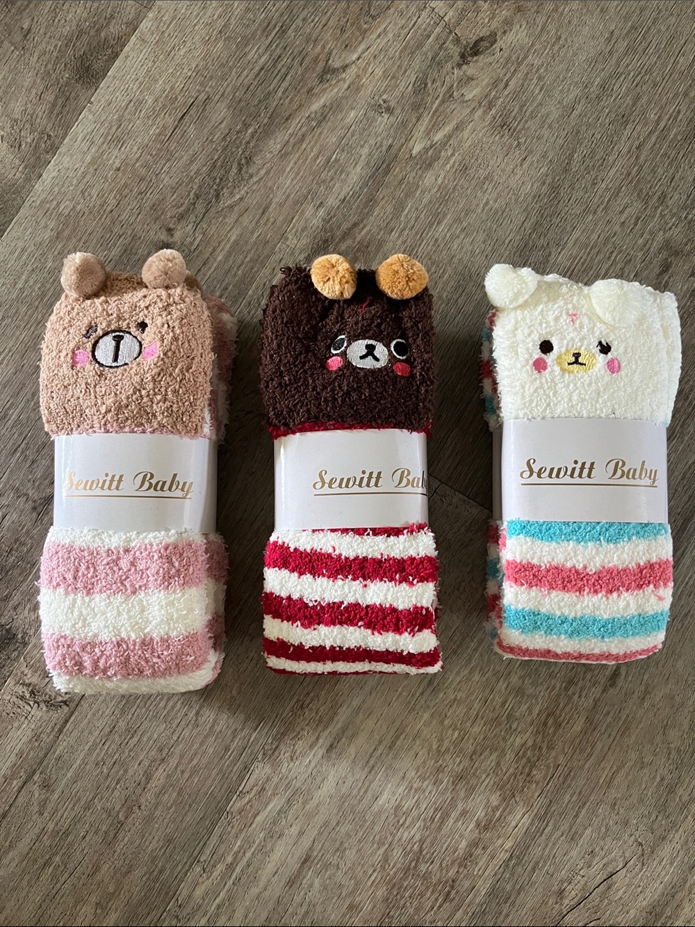 Plush Animal Crew Socks - Pink, Brown & White Stripe Set - THREE PAIRS
